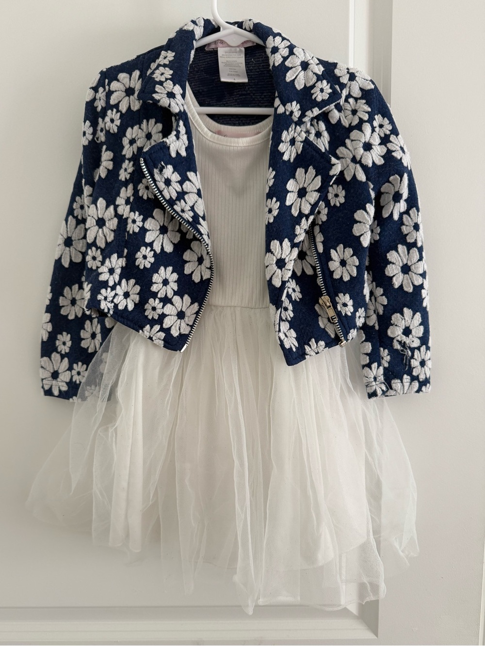 Girls Navy Floral Zip-Front Jacket - White Daisy Motif